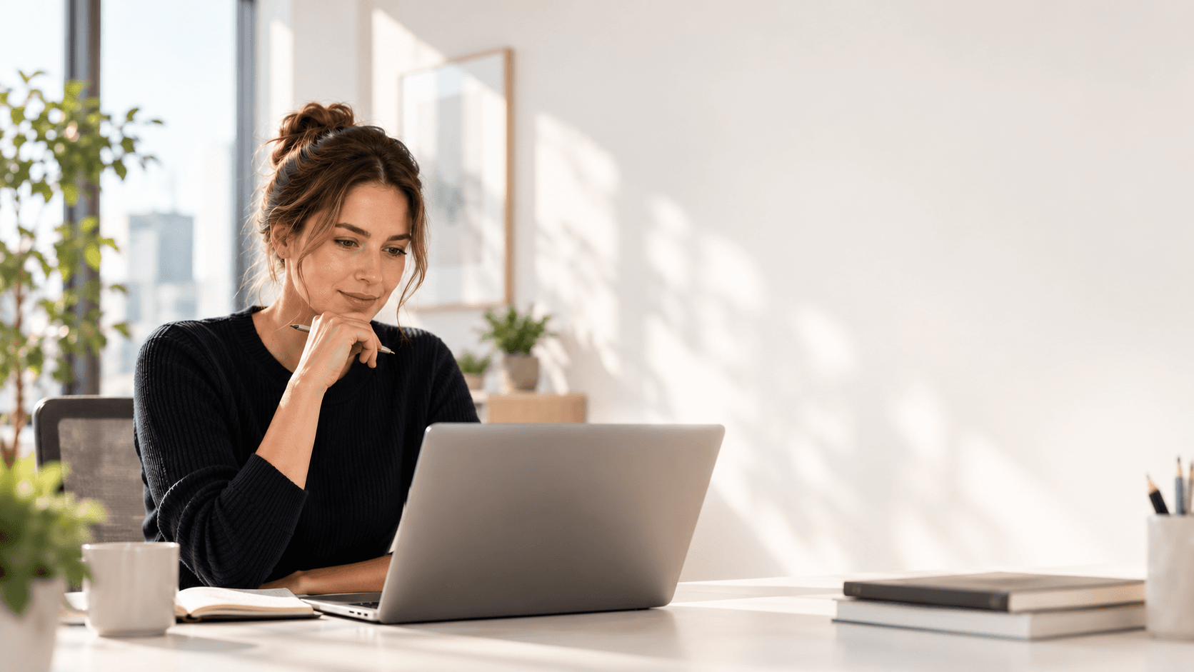 Person bei konzentrierter Arbeit an einem Laptop in einer ruhigen Arbeitsumgebung.